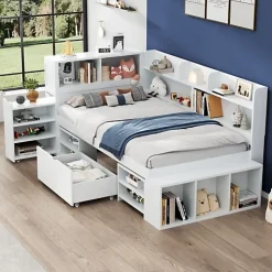 Lit simple 90x200cm en MDF - Avec tiroirs et étagères - Bibliothèque amovible - Avec sommier à lattes - Blanc(sans matelas)