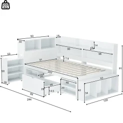 Lit simple 90x190cm en MDF - Avec tiroirs et étagères - Bibliothèque amovible - Avec sommier à lattes - Blanc(sans matelas)