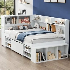 Lit simple 90x190cm en MDF - Avec tiroirs et étagères - Bibliothèque amovible - Avec sommier à lattes - Blanc(sans matelas)