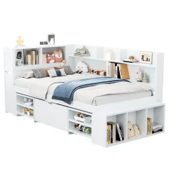 Lit simple 90x190cm en MDF - Avec tiroirs et étagères - Bibliothèque amovible - Avec sommier à lattes - Blanc(sans matelas)