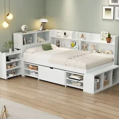 Lit simple 90x190cm en MDF - Avec tiroirs et étagères - Bibliothèque amovible - Avec sommier à lattes - Blanc(sans matelas)