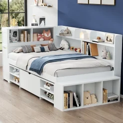 Lit simple 90x190cm en MDF - Avec tiroirs et étagères - Bibliothèque amovible - Avec sommier à lattes - Blanc(sans matelas)