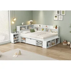 Lit simple 140x200cm en MDF - Avec tiroirs et étagères - Bibliothèque amovible - Avec sommier à lattes - Blanc(sans matelas)