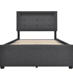 Lit Simple 90x200cm Rembourré Led 2 Tiroirs Tête Réglable Gris Blackcolors