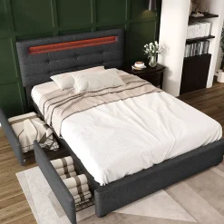 Lit Simple 90x200cm Rembourré Led 2 Tiroirs Tête Réglable Gris Blackcolors