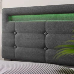 Lit Simple 90x200cm Rembourré Led 2 Tiroirs Tête Réglable Gris Blackcolors