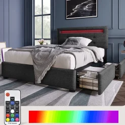 Lit Simple 90x200cm Rembourré Led 2 Tiroirs Tête Réglable Gris Blackcolors