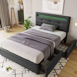 Lit Simple 90x200cm Rembourré Led 2 Tiroirs Tête Réglable Gris Blackcolors