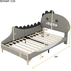 Lit simple-Lit pour enfant 90 x 200 cm, forme de dinosaure de dessin animé, lit plat, matériau PU, gris
