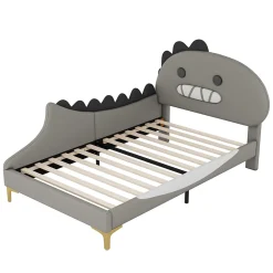 Lit simple-Lit pour enfant 90 x 200 cm, forme de dinosaure de dessin animé, lit plat, matériau PU, gris