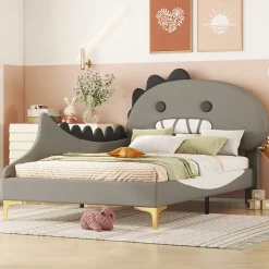 Lit simple-Lit pour enfant 90 x 200 cm, forme de dinosaure de dessin animé, lit plat, matériau PU, gris