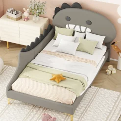 Lit simple-Lit pour enfant 90 x 200 cm, forme de dinosaure de dessin animé, lit plat, matériau PU, gris