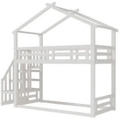 Lit Superposé - Lit enfant 90x200 cm avec Toît et Escalier Sécurisé, Cadre Bois Massif et Lattes Solides, Couleur Blanc