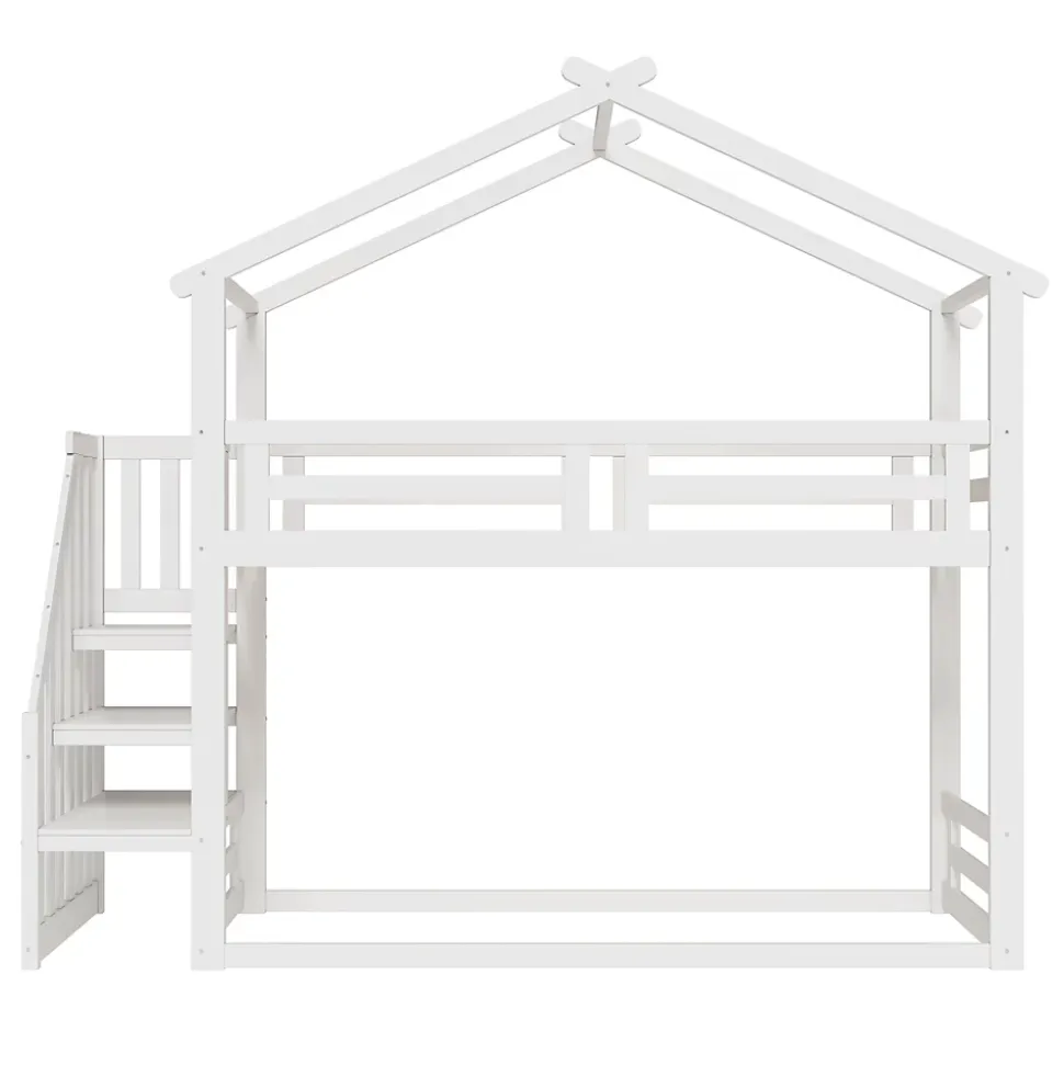 Lit Superposé - Lit enfant 90x200 cm avec Toît et Escalier Sécurisé, Cadre Bois Massif et Lattes Solides, Couleur Blanc