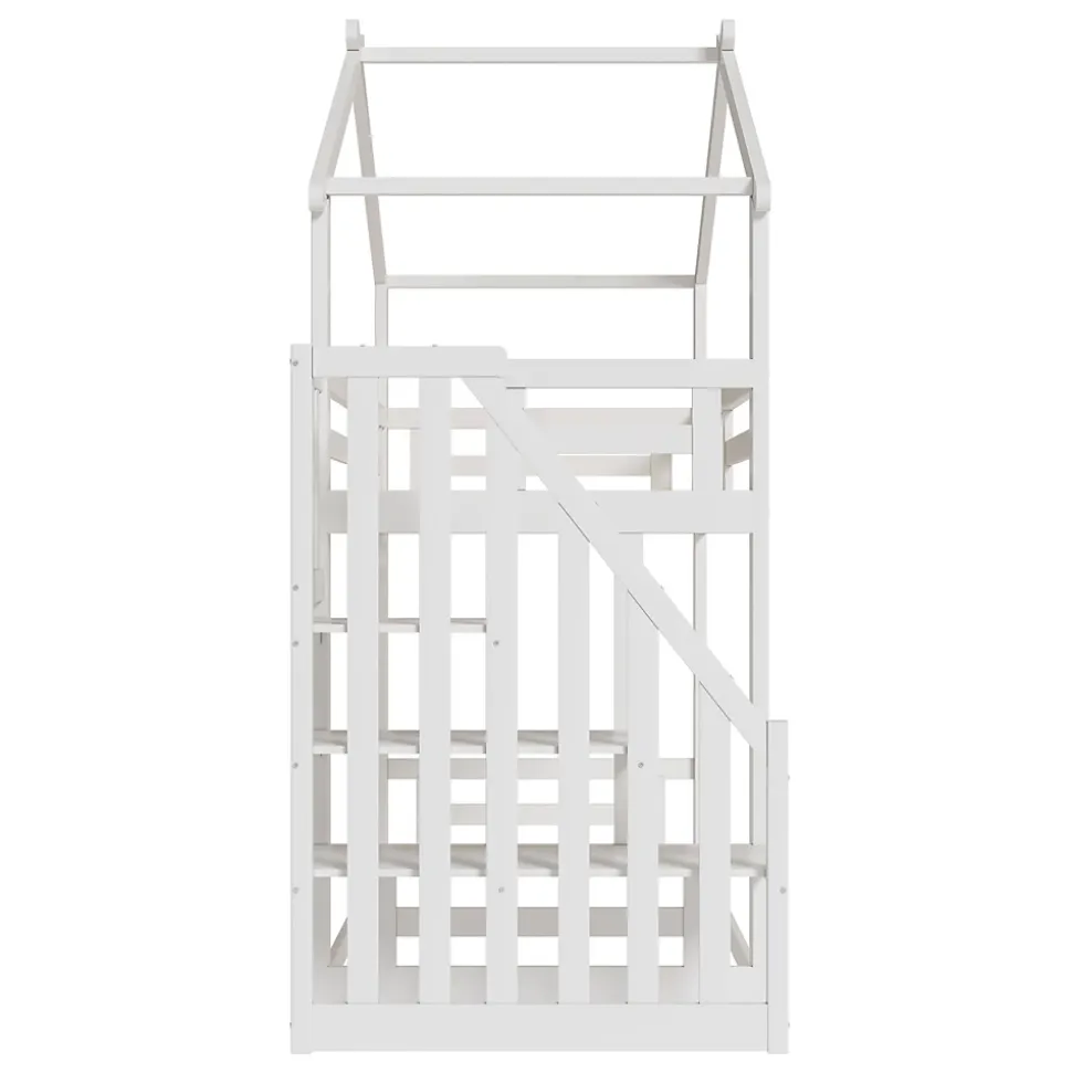 Lit Superposé - Lit enfant 90x200 cm avec Toît et Escalier Sécurisé, Cadre Bois Massif et Lattes Solides, Couleur Blanc