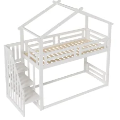 Lit Superposé - Lit enfant 90x200 cm avec Toît et Escalier Sécurisé, Cadre Bois Massif et Lattes Solides, Couleur Blanc