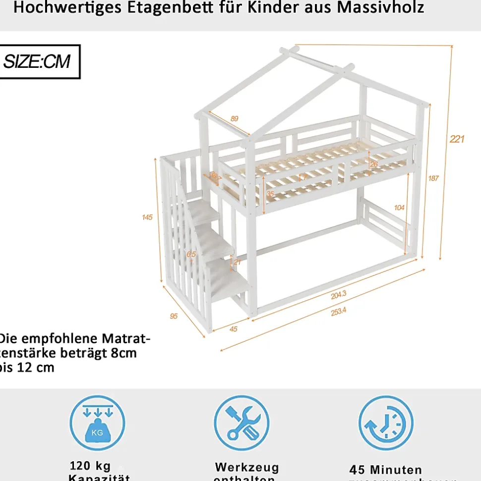 Lit Superposé - Lit enfant 90x200 cm avec Toît et Escalier Sécurisé, Cadre Bois Massif et Lattes Solides, Couleur Blanc