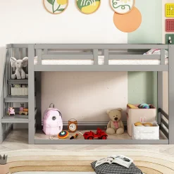 Lit Superposé - Lit enfant 90x200 cm avec Toît, Escalier Sécurisé et Structure Solide, Bois Massif et MDF, Couleur Gris