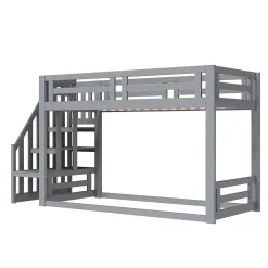 Lit Superposé - Lit enfant 90x200 cm avec Toît, Escalier Sécurisé et Structure Solide, Bois Massif et MDF, Couleur Gris