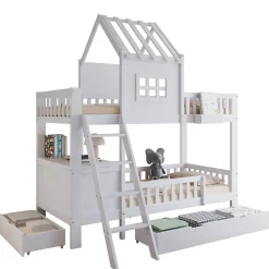 Lit superposé 2 tiroirs roulettes toit fenêtres décoratifs table lecture panier pin MDF contreplaqué blanc 90x200