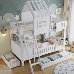 Lit superposé 2 tiroirs roulettes toit fenêtres décoratifs table lecture panier pin MDF contreplaqué blanc 90x200