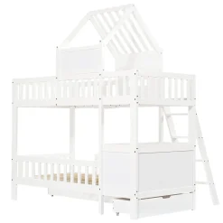 Lit superposé 2 tiroirs roulettes toit fenêtres décoratifs table lecture panier pin MDF contreplaqué blanc 90x200