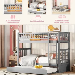 Lit Superposé 90 x 200 cm - Lit Gigogne avec Escalier - Pin + MDF - Sans Matelas - Gris