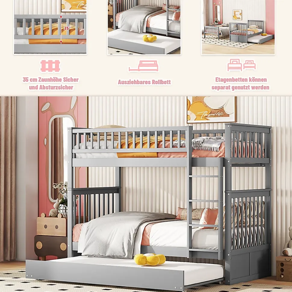 Lit Superposé 90 x 200 cm - Lit Gigogne avec Escalier - Pin + MDF - Sans Matelas - Gris