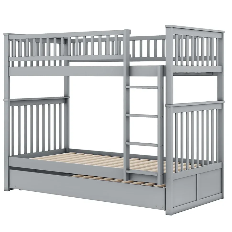 Lit Superposé 90 x 200 cm - Lit Gigogne avec Escalier - Pin + MDF - Sans Matelas - Gris