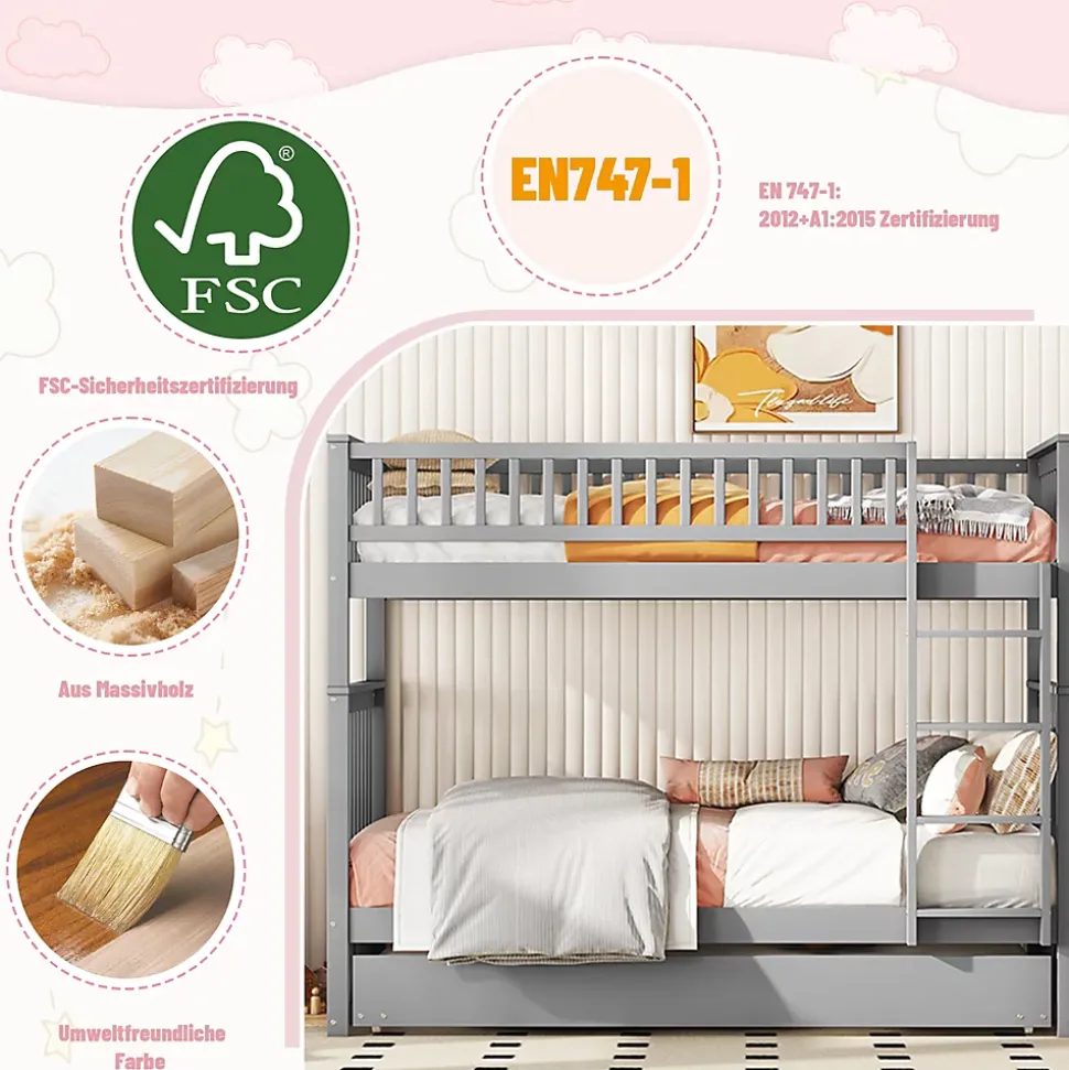 Lit Superposé 90 x 200 cm - Lit Gigogne avec Escalier - Pin + MDF - Sans Matelas - Gris