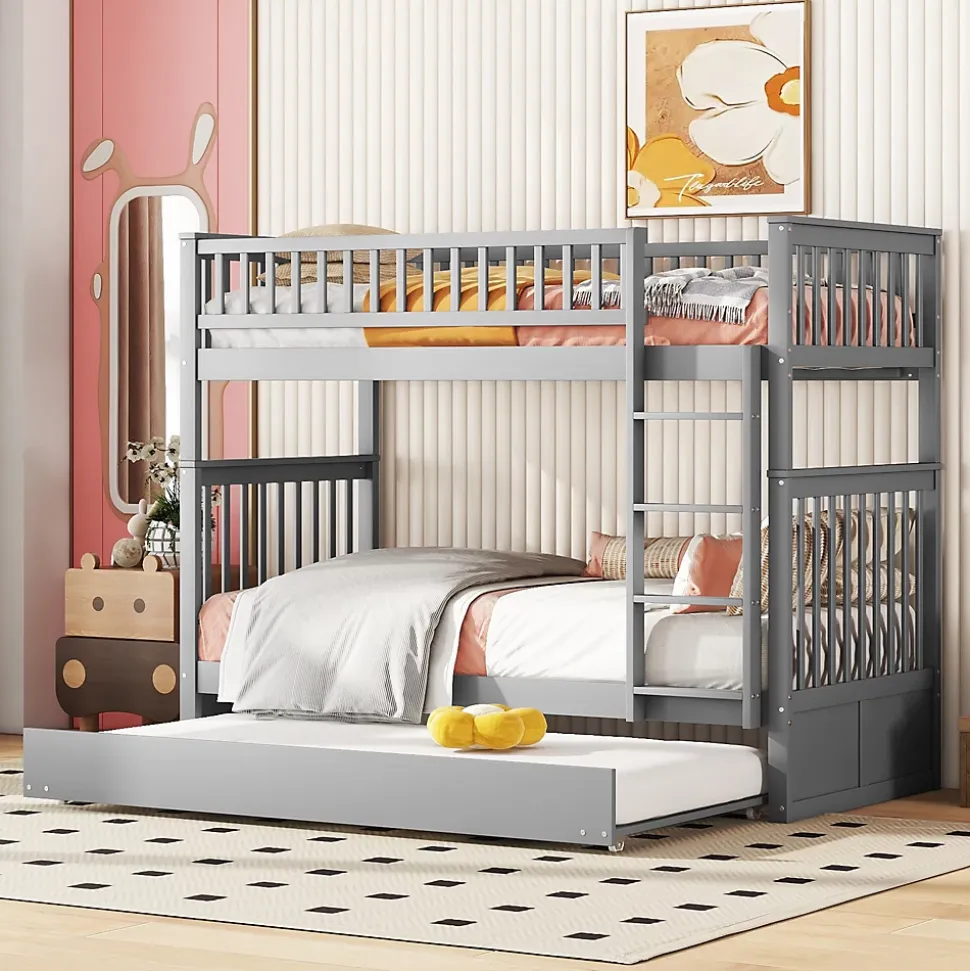 Lit Superposé 90 x 200 cm - Lit Gigogne avec Escalier - Pin + MDF - Sans Matelas - Gris