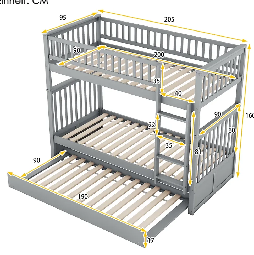 Lit Superposé 90 x 200 cm - Lit Gigogne avec Escalier - Pin + MDF - Sans Matelas - Gris