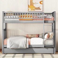 Lit Superposé 90 x 200 cm - Lit Gigogne avec Escalier - Pin + MDF - Sans Matelas - Gris