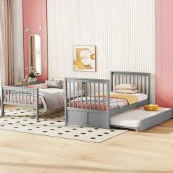 Lit Superposé 90 x 200 cm - Lit Gigogne avec Escalier - Pin + MDF - Sans Matelas - Gris