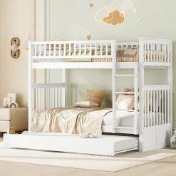 Lit Superposé 90 x 200 cm - Lit Gigogne avec Escalier - Pin + MDF - Sans Matelas - Blanc