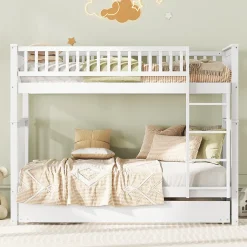 Lit Superposé 90 x 200 cm - Lit Gigogne avec Escalier - Pin + MDF - Sans Matelas - Blanc