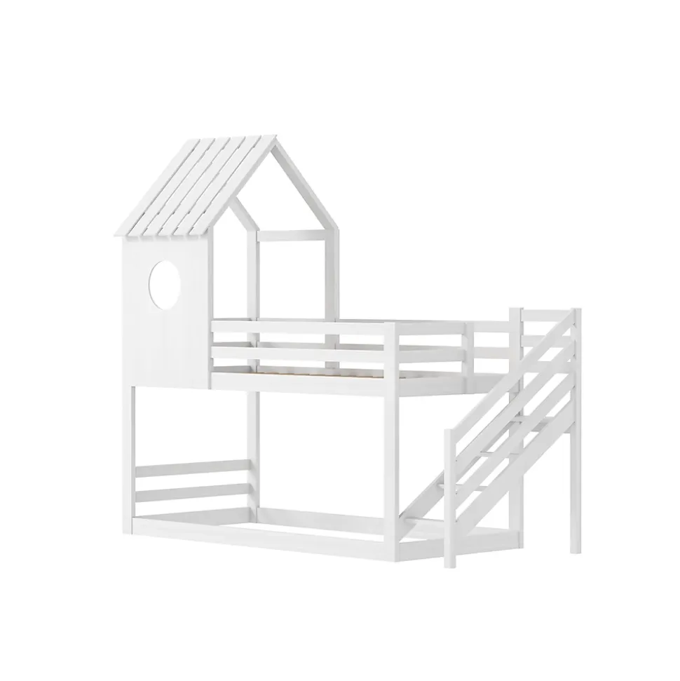 Lit superposé, 90 x 200 cm, pour 2 enfants, avec escalier d'angle, lit mezzanine, avec fenêtre