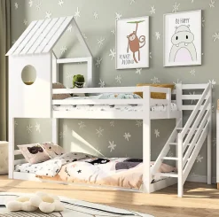 Lit superposé, 90 x 200 cm, pour 2 enfants, avec escalier d'angle, lit mezzanine, avec fenêtre