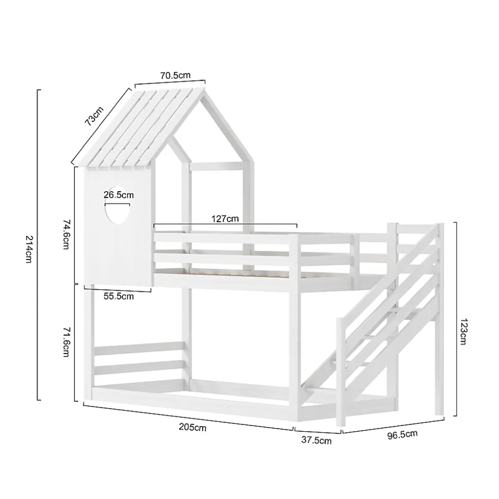 Lit superposé, 90 x 200 cm, pour 2 enfants, avec escalier d'angle, lit mezzanine, avec fenêtre