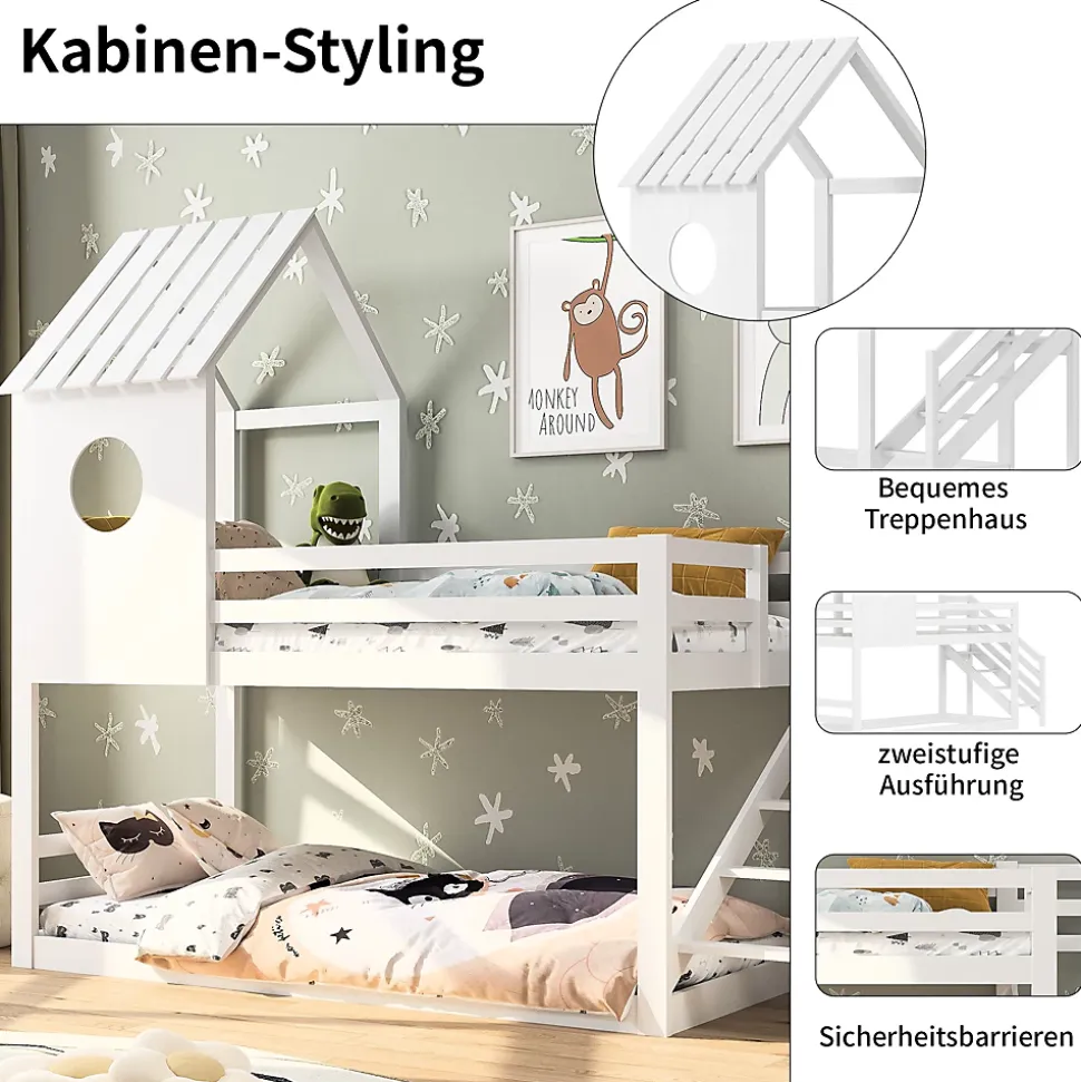 Lit superposé, 90 x 200 cm, pour 2 enfants, avec escalier d'angle, lit mezzanine, avec fenêtre