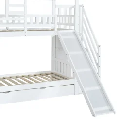 Lit superposé avec échelle, toboggan, fenêtres, sécurité, cadre bois, blanc, 90x200cm