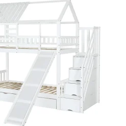 Lit superposé avec échelle, toboggan, fenêtres, sécurité, cadre bois, blanc, 90x200cm