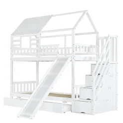 Lit superposé avec échelle, toboggan, fenêtres, sécurité, cadre bois, blanc, 90x200cm