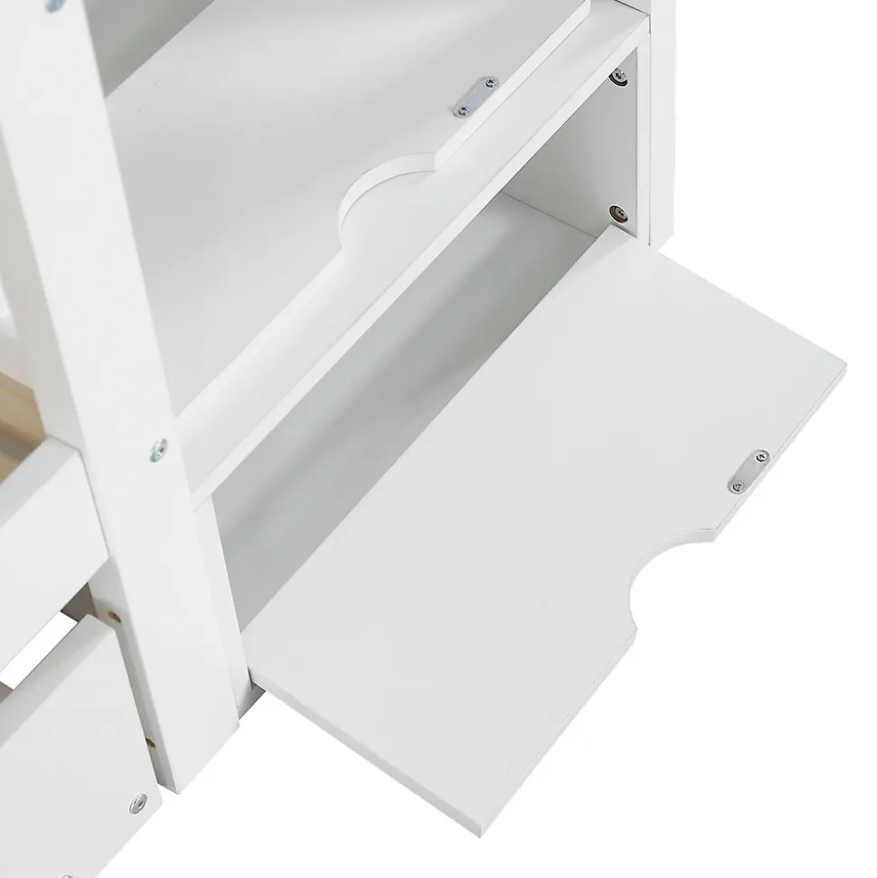 Lit superposé avec lit roulant, sécurité, échelle, cadre bois, 90x200,190cm, blanc