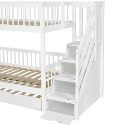 Lit superposé avec lit roulant, sécurité, échelle, cadre bois, 90x200,190cm, blanc