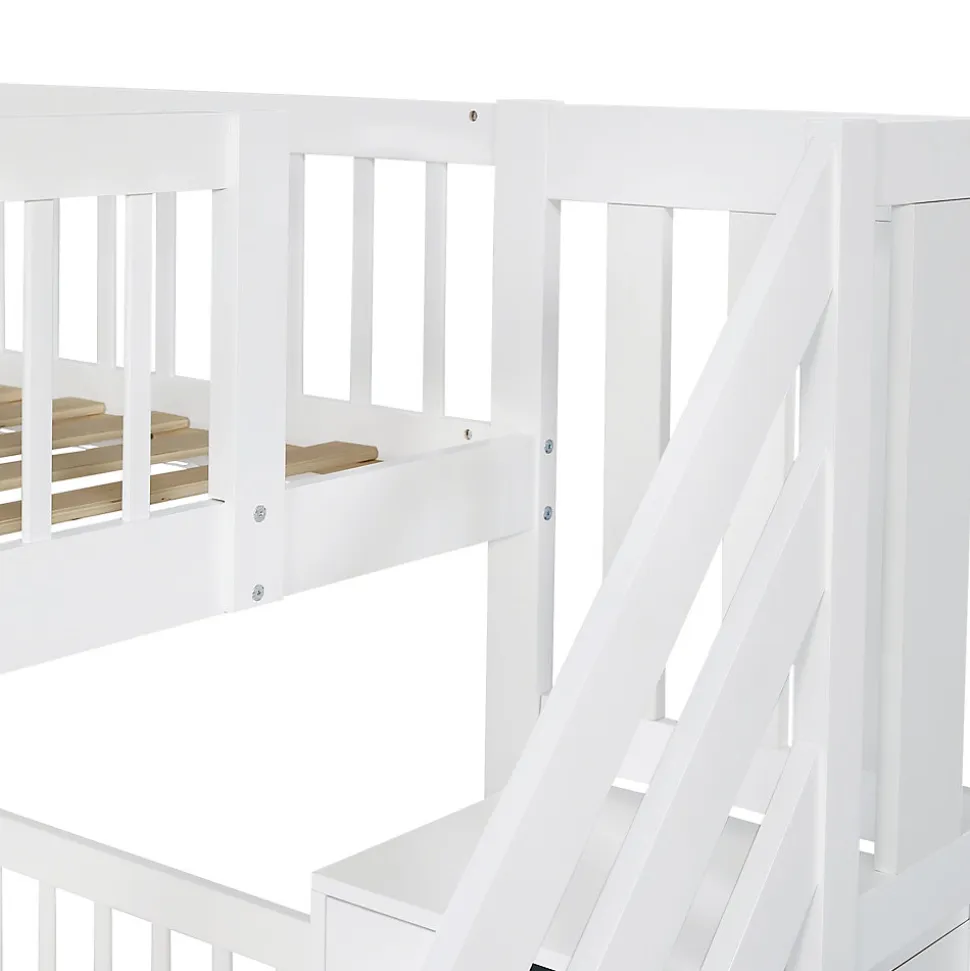 Lit superposé avec lit roulant, sécurité, échelle, cadre bois, 90x200,190cm, blanc