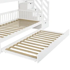 Lit superposé avec lit roulant, sécurité, échelle, cadre bois, 90x200,190cm, blanc