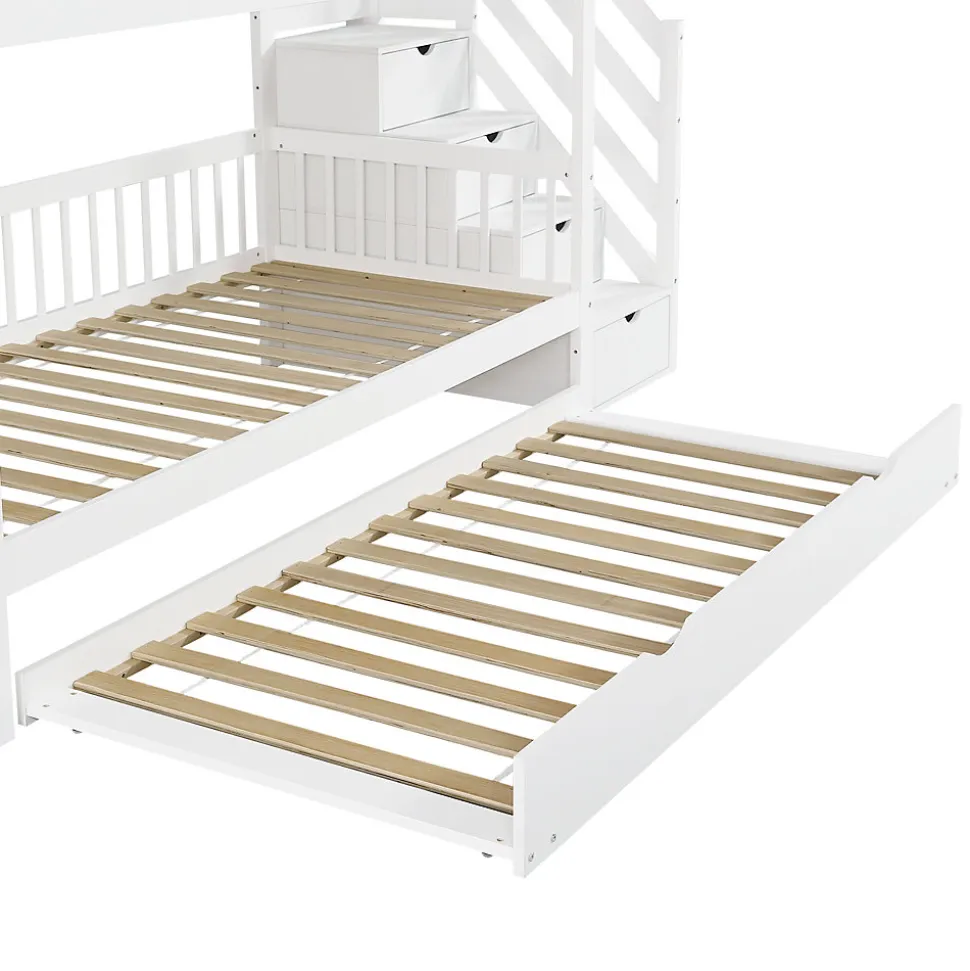 Lit superposé avec lit roulant, sécurité, échelle, cadre bois, 90x200,190cm, blanc