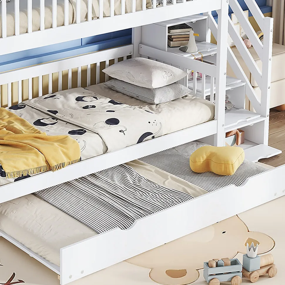 Lit superposé avec lit roulant, sécurité, échelle, cadre bois, 90x200,190cm, blanc