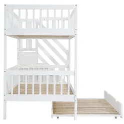 Lit superposé avec lit roulant, sécurité, échelle, cadre bois, 90x200,190cm, blanc